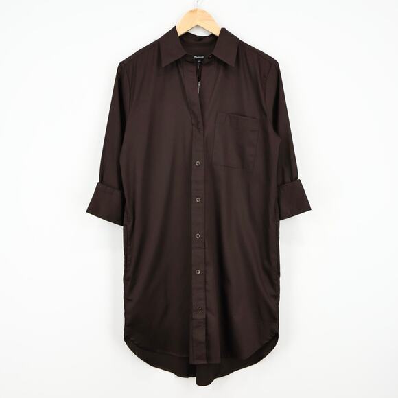 NWT Madewell Y-Neck Button Up Sateen Relaxed Shirtdress Dark Carob Brown Small - Picture 4 of 9